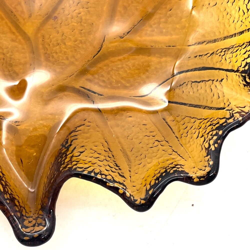 Amber Depression Glass Maple Leaf Shaped Candy Dish Bowl Ashtray Textured Finish - Picture 8 of 16